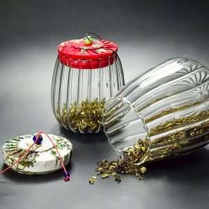 Dulcera de Vidrio con Tapadera de Tela Estampada